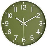 Horloge murale verte vert militaire de 30 cm, avec aiguilles blanches, chiffres blancs et contour du cadran blanc. Style moderne classique européen, idéale pour cuisine, salon ou bureau.