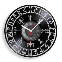 Horloge murale boussole Vegvisir et cercle runique en disque vinyle noir