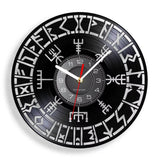 Horloge murale boussole Vegvisir et cercle runique en disque vinyle noir