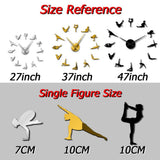 Guide des tailles de l'horloge murale yoga : schémas des diamètres de 27, 37 et 47 pouces avec dimensions des figurines asanas