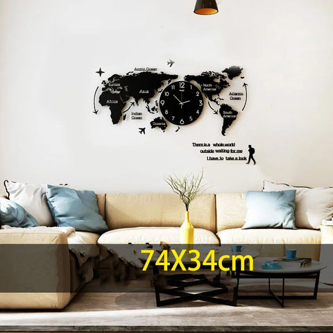 horloge murale design géante en forme de carte du monde noir taille 71 cm x 34 cm