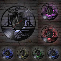 horloge murale en vinyle 33 tours avec une batterie de musique avec lumières LED