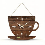 Pendule murale de cuisine rustique originale en bois foncé en forme de tasse avec chiffres épurés 12, 3, 6, 9