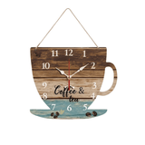 orloge murale rustique en forme de tasse de café avec effet planches de bois et inscription Coffee & tea