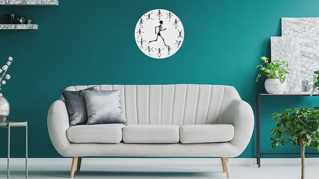 video de Horloge murale squelette ronde blanche silencieuse et décorative pour maison bureau ou chambre d’enfant