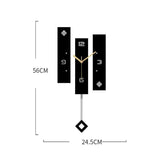 diamètre de Horloge murale rectangulaire au design géométrique moderne avec panneaux en acrylique noir, chiffres épurés et balancier suspendu pour salon design.