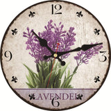 horloge murale de forme ronde au style vintage et rétro couleur pourpre violet et mauve avec fleurs lavande de diamètre 30 cm ou 35 cm ou 40 cm pour décoration murale
