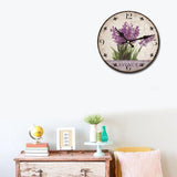 horloge murale de forme ronde au style vintage et rétro couleur pourpre violet et mauve avec fleurs lavande de diamètre 30 cm ou 35 cm ou 40 cm pour décoration murale salon