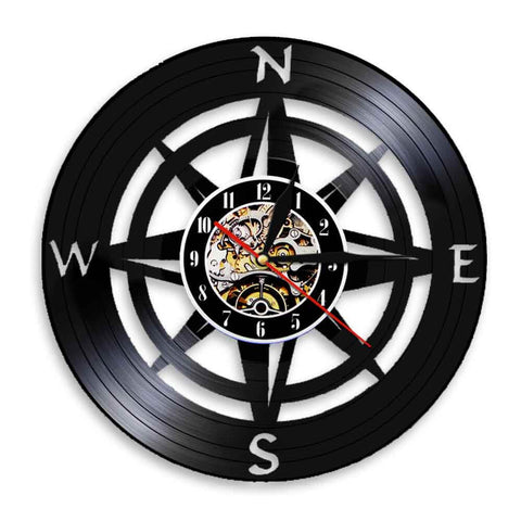 horloge murale en vinyle couleur noir avec rose des vents boussole des points cardinaux décorative