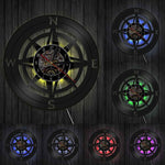 horloge murale en vinyle couleur noir avec rose des vents boussole des points cardinaux décorative avec lumière LED