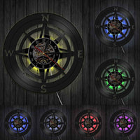 horloge murale en vinyle couleur noir avec rose des vents boussole des points cardinaux décorative avec lumière LED