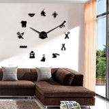 Horloge murale moderne noire avec autocollants en relief en forme d'outils de dentiste dans un salon