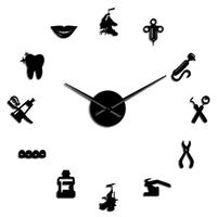 Horloge sticker murale noire design dentisterie avec chiffres et instruments dentaires