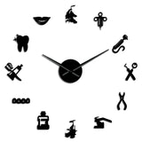 Horloge sticker murale noire design dentisterie avec chiffres et instruments dentaires