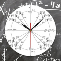 Horloge murale originale Cercle Radian à cadran blanc, affichant un cercle trigonométrique avec des axes gradués, des coordonnées en radians et des aiguilles noires et rouges avec un tableau de smathematique derriere