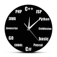 Horloge murale développeur geek cadran noir avec langages de programmation Python JavaScript C++ geek