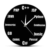 Horloge murale développeur geek cadran noir avec langages de programmation Python JavaScript C++ geek