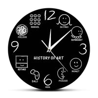 Horloge murale originale Histoire de l’art de 30 cm noire avec illustrations de grands artistes comme Leonardo da Vinci, Rembrandt, Monet, Picasso, Dali, Rothko, Pollock et Warhol. Décoration artistique pour chambre ou bureau.