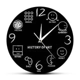 Horloge murale originale Histoire de l’art de 30 cm noire avec illustrations de grands artistes comme Leonardo da Vinci, Rembrandt, Monet, Picasso, Dali, Rothko, Pollock et Warhol. Décoration artistique pour chambre ou bureau.