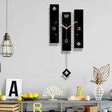 Horloge murale rectangulaire au design géométrique moderne avec panneaux en acrylique noir, chiffres épurés et balancier suspendu pour salon design dans le salon pres d'un bureau