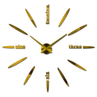 Horloge murale stickers 3D géante dorée avec lettres et index en traits, décoration murale chic