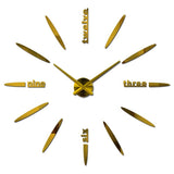 Horloge murale stickers 3D géante dorée avec lettres et index en traits, décoration murale chic