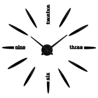 Horloge murale noire stickers 3D avec lettres et index en traits, horloge adhésive DIY design.