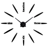 Horloge murale noire stickers 3D avec lettres et index en traits, horloge adhésive DIY design.