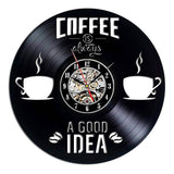 horloge murale en vinyle noir avec des tasses de café noir écrit idée