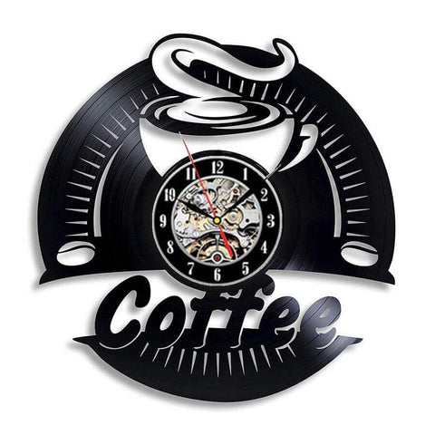 horloge murale en vinyle originale avec une tasse de café noir