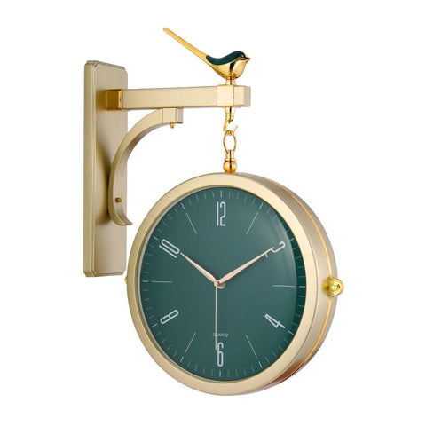 horloge murale double face au style moderne de gare et pendule design vintage avec aiguilles quartz de couleur doré et verte