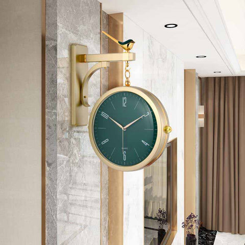horloge murale double face au style moderne de gare et pendule design vintage avec aiguilles quartz de couleur verte et dorée pour salon