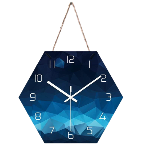 horloge murale scandinave hexagonale bleu avec chiffre blanc