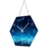 horloge murale scandinave hexagonale bleu  avec chiffres blanc avec corde