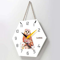 horloge murale scandinave chouette nordique et hibou avec corde et aiguilles jaune et noires
