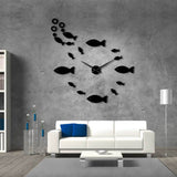 horloge murale stickers avec des poissons de forme ronde couleur noir et système à quartz pour le décoration intérieure de taille géante pour un design parfait.
