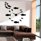horloge murale stickers avec des poissons de forme ronde couleur noire et système à quartz pour le décoration intérieure de taille géante pour un design parfait.