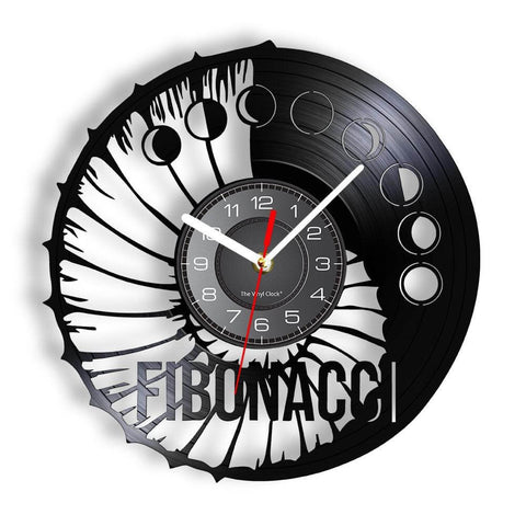horloge murale vinyle fibonnaci noir avec art en spirale et nombre avec mouvement à quartz
