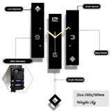 information et caracteristique sur Horloge murale rectangulaire au design géométrique moderne avec panneaux en acrylique noir, chiffres épurés et balancier suspendu pour salon design.